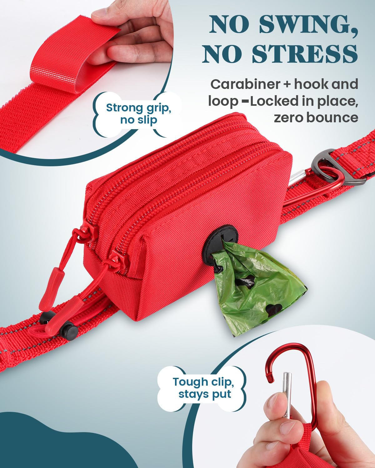 Dog Poop Bag Holder for Leashes, Red Doggie Waste Bag Dispenser and Treat Holder, with Carabiner Hook and Poop Bag Clip, Used Wa